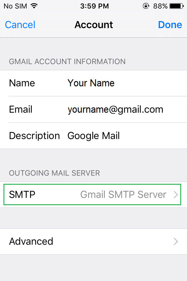 iphone outcoming mail server