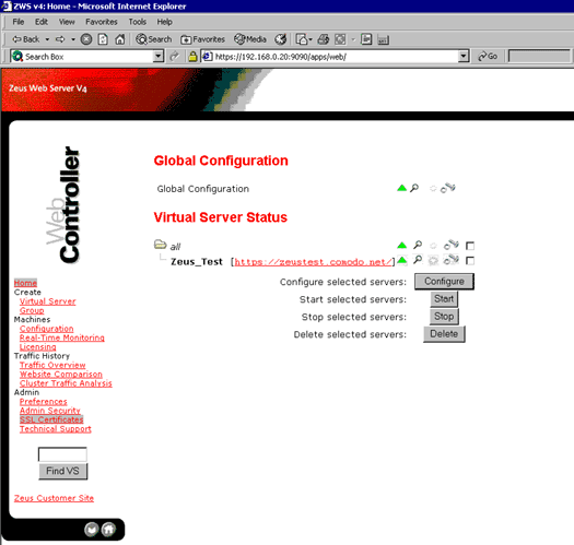 select ssl certificate on zeus web server