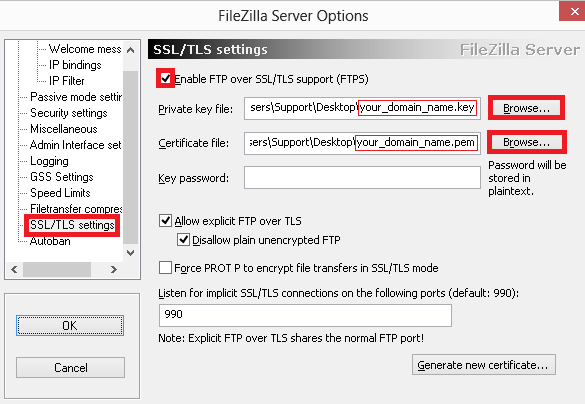 filezilla ssl tls settings