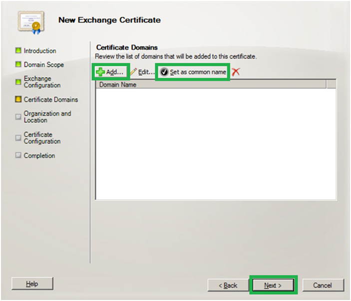add certificate domains - exchange server 2010