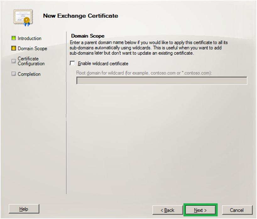 enable wildcard certificate - exchange server 2010