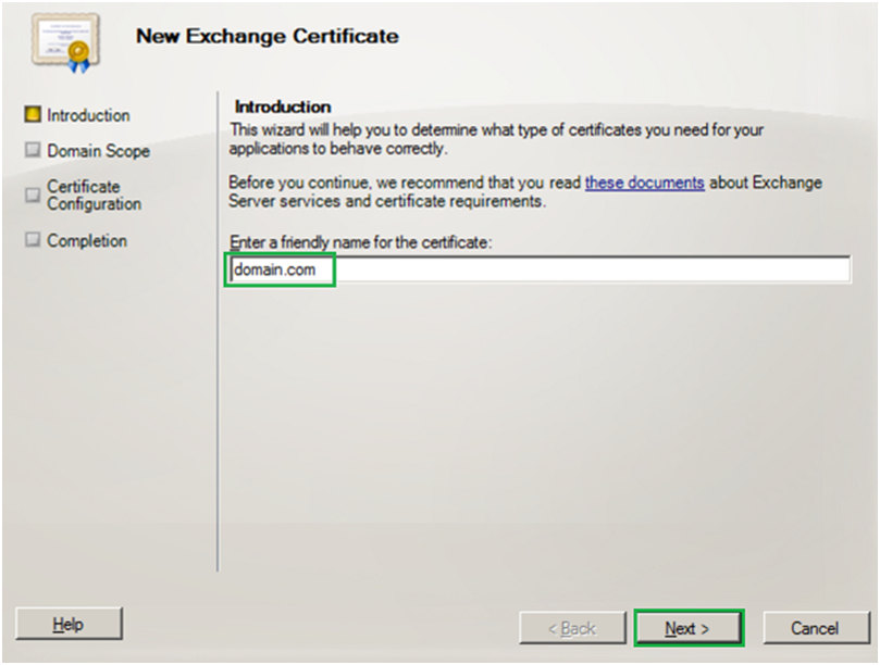 friendly name for the certificate - exchange server 2010