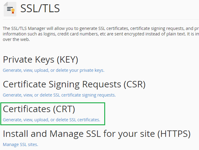 Certificates CRT option in cPanel