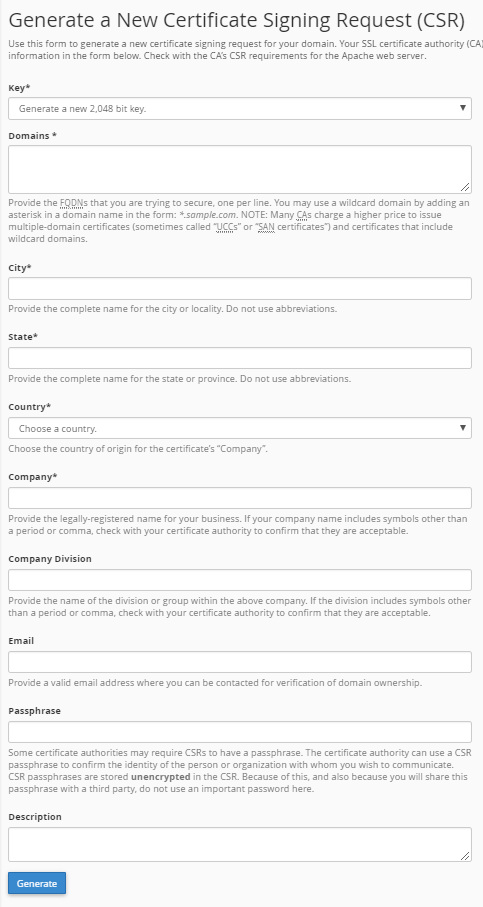 Generate CSR in cPanel