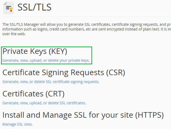 Private Key setting in cPanel