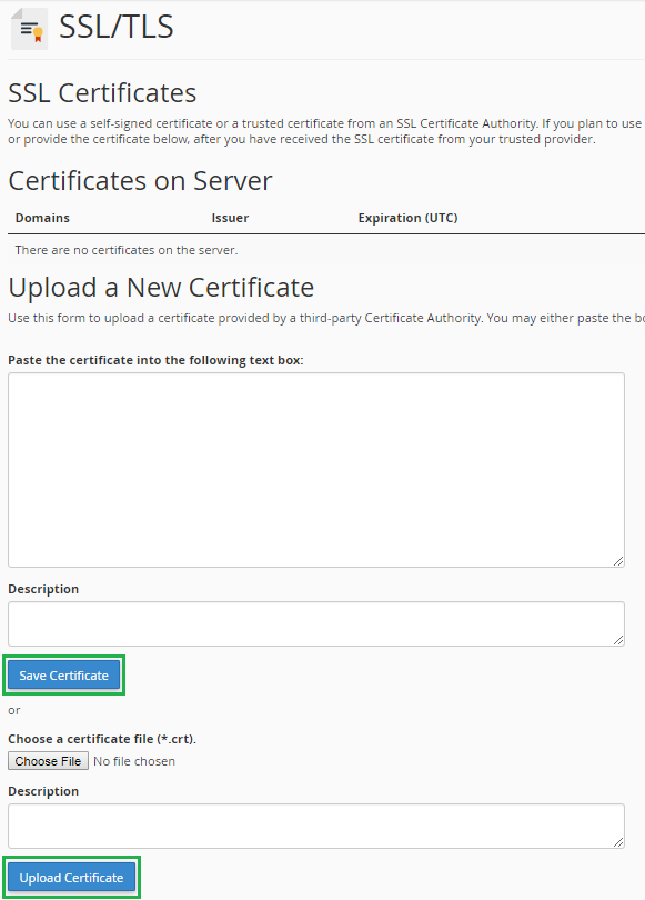 Upload certificate in cPanel