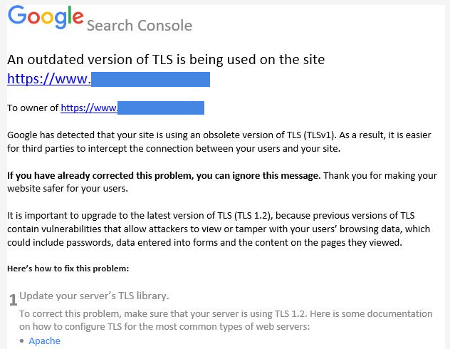 Google Search Console TLS Warning