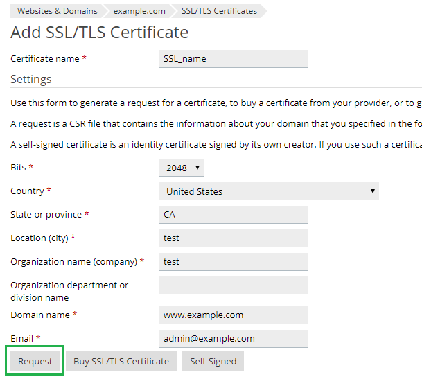 Generate CSR on Plesk