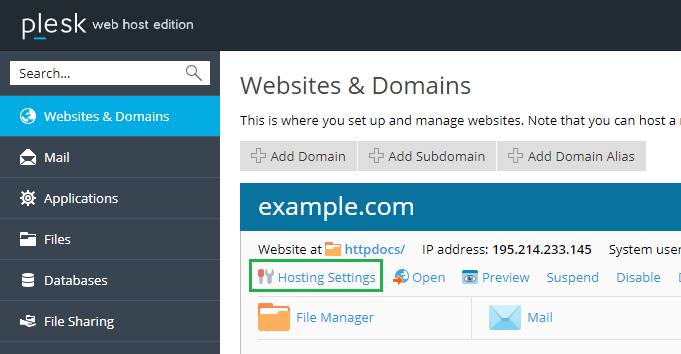 Hosting Settings on Plesk