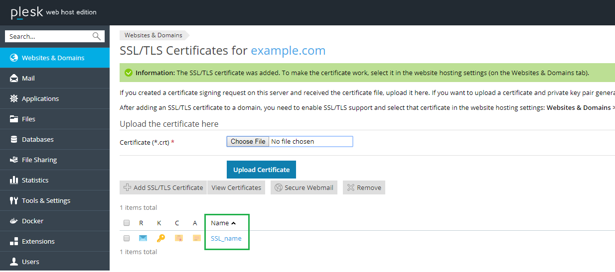 name of SSL certificate added