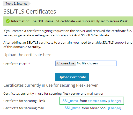 SSL certificate added to secure Plesk