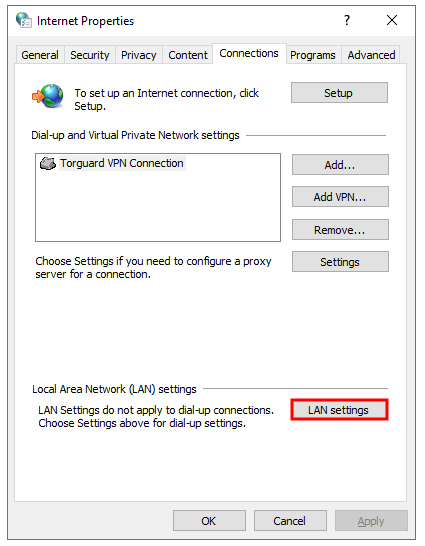 internet properties - connections