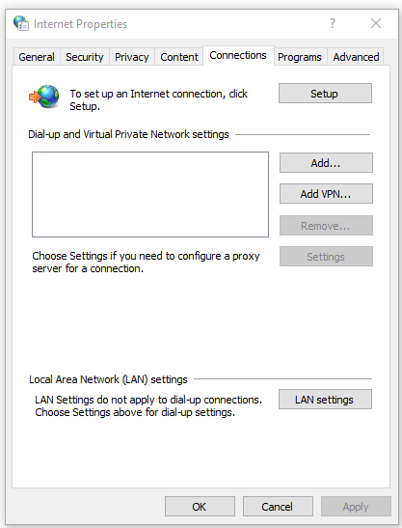 click “Connection” tab and click on LAN settings