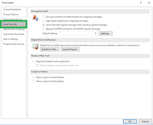 trust center settings email security