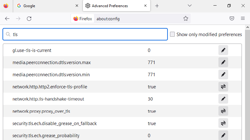 Advanced Preferences Screen”, type “tls” in the Search bar