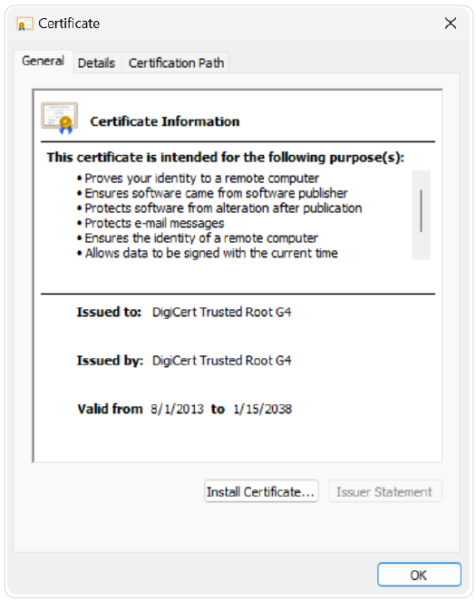click on “open,” and another wizard will open with all the details of a certificate and an option to install the cert