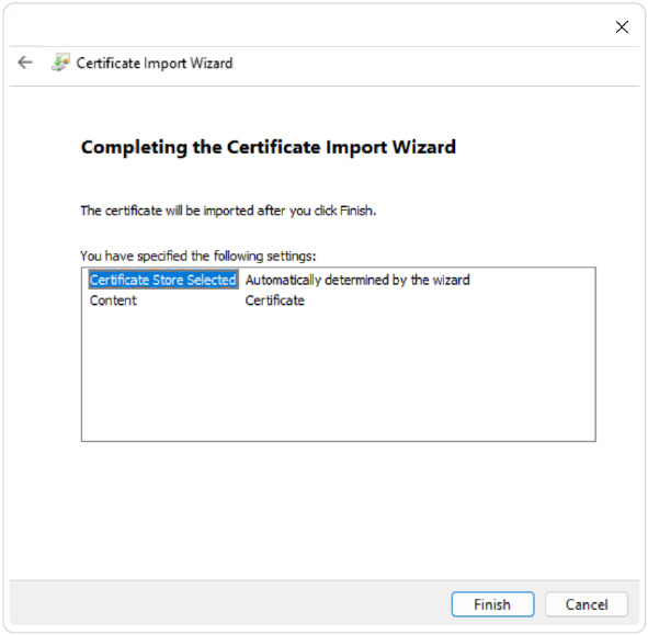 completing the certificate import wizard