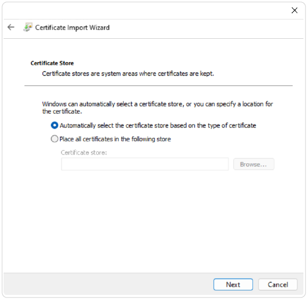 now select the local machine option if the certificate file is stored on your computer.