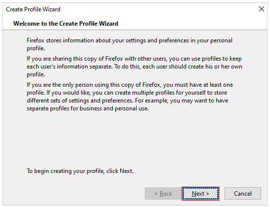 Create Profile Wizard window
