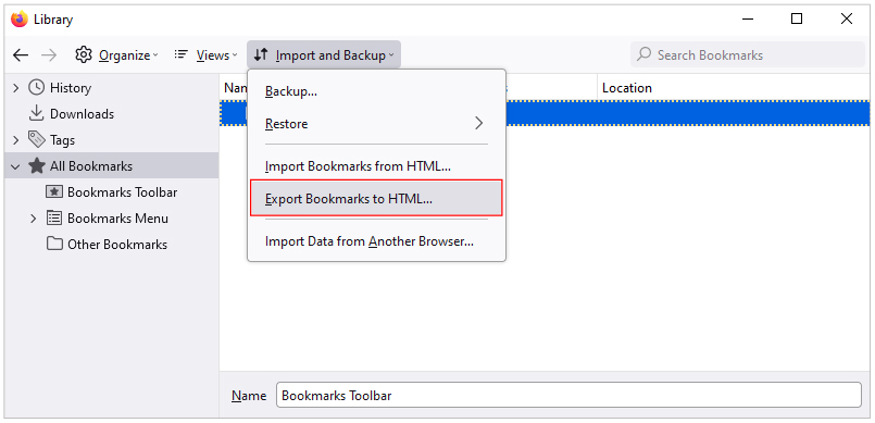 Export Bookmarks to HTML option