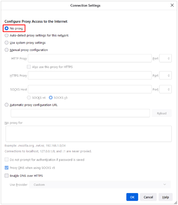 No proxy Configure Proxy Access to the internet.
