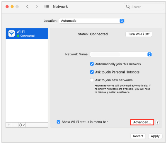 Wi-Fi and Advance option 