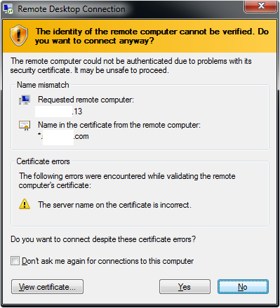 Remote Desktop Certificate Name Mismatch