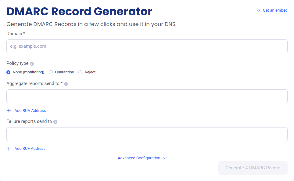 Example of a tool to create a DMARC record for your domain