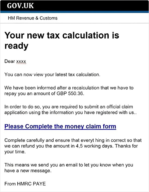 Phishing email example spoofing HMRC faking tax refund