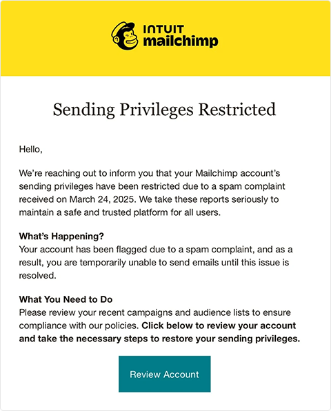 Example of a phishing email impersonating Mailchimp with a fake link
